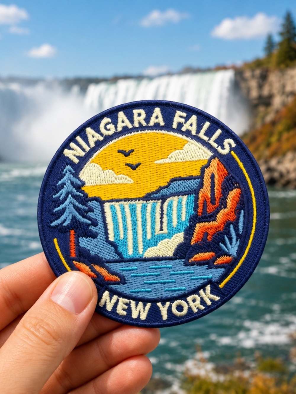 Niagara Falls New York 3” Iron On Embroidered Patch Badge Waterfall Sunset Scene